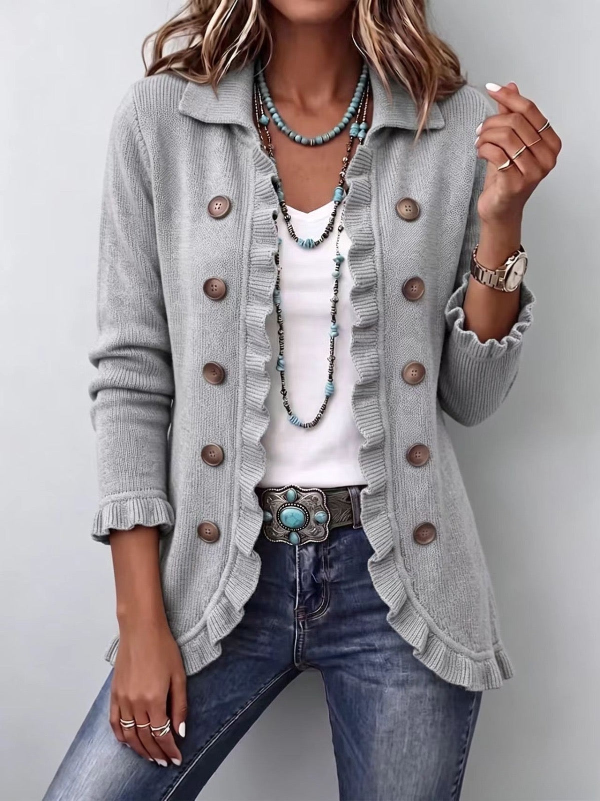 Elowen | Heather Grey Ribbed Knit Ruffle Jacket