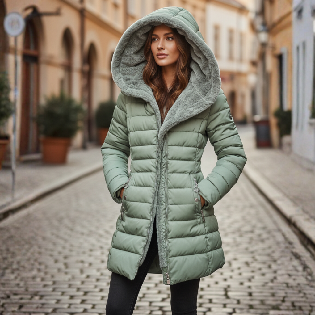Women's Quilted Hooded Puffer Coat with Side Pockets