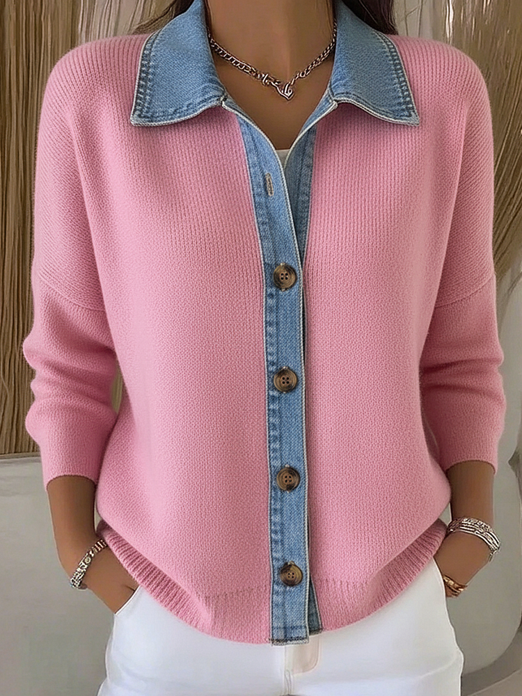 Emma | Knit Cardigan with Polo Collar and Denim Patches