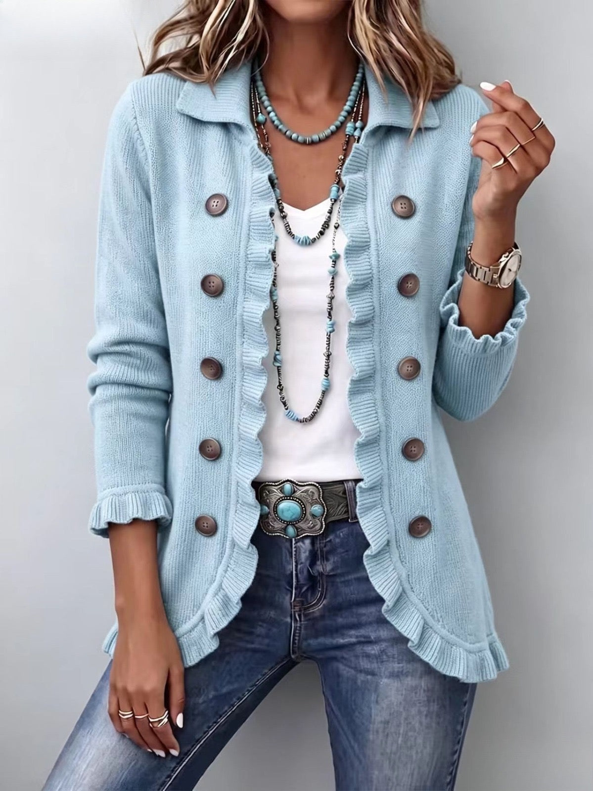 Cecilia | Powder Blue Ribbed Knit Ruffle Jacket