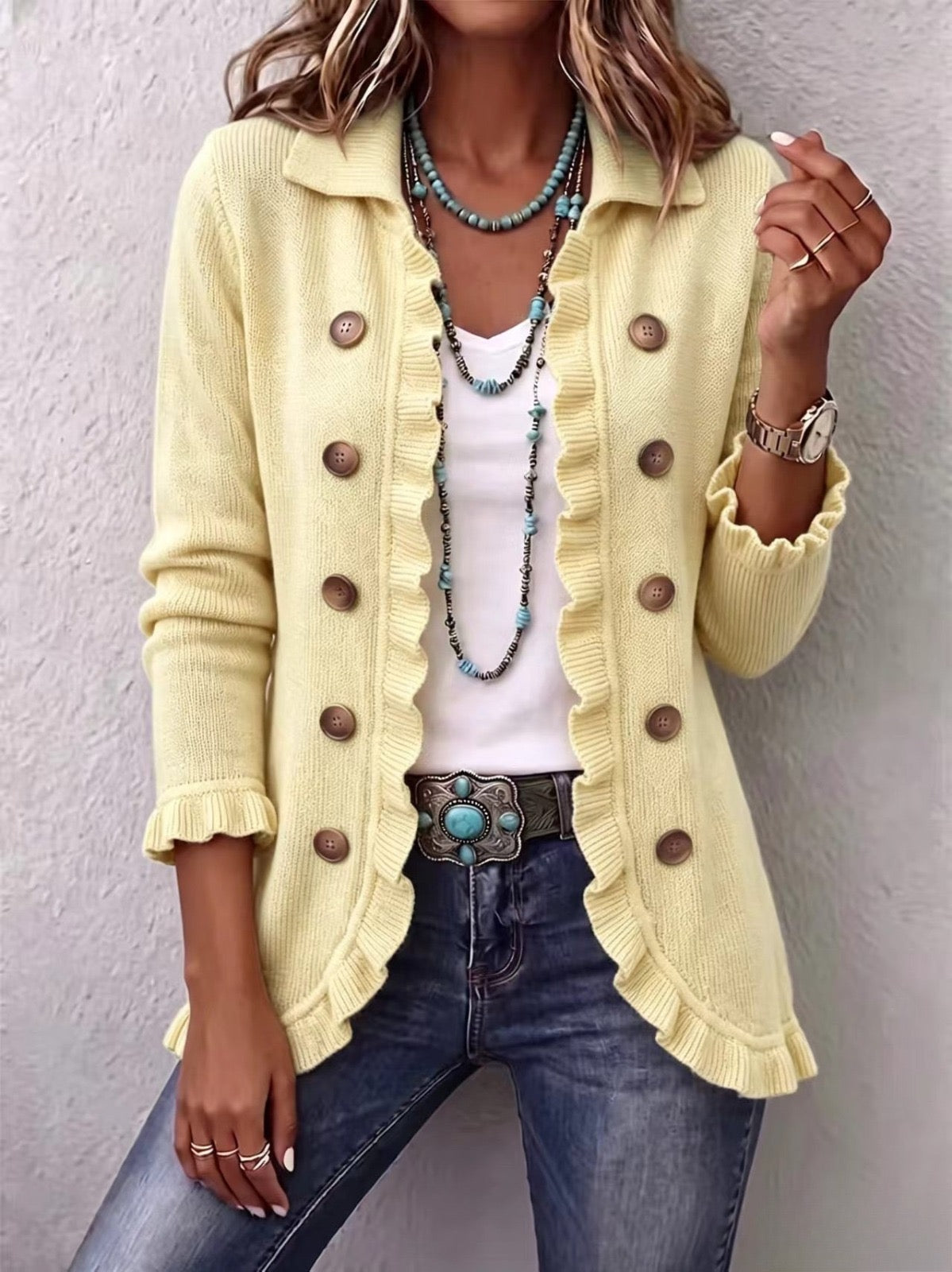 Lillian | Buttercream Ribbed Knit Ruffle Jacket