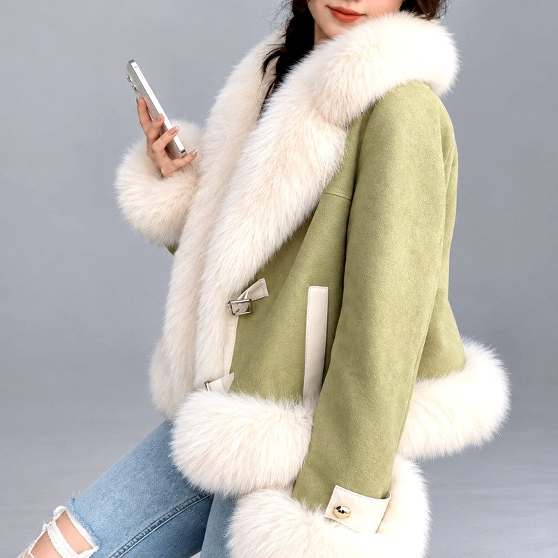 Leandra - Women’s Faux Suede Faux Fur Collar Cropped Jacket