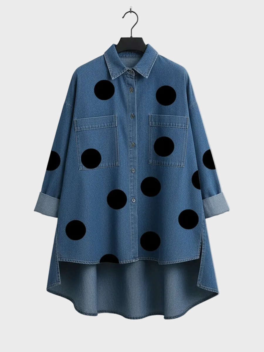 Molly | Elegant Artistic Polka Dot Print Stand-collar Denim Top