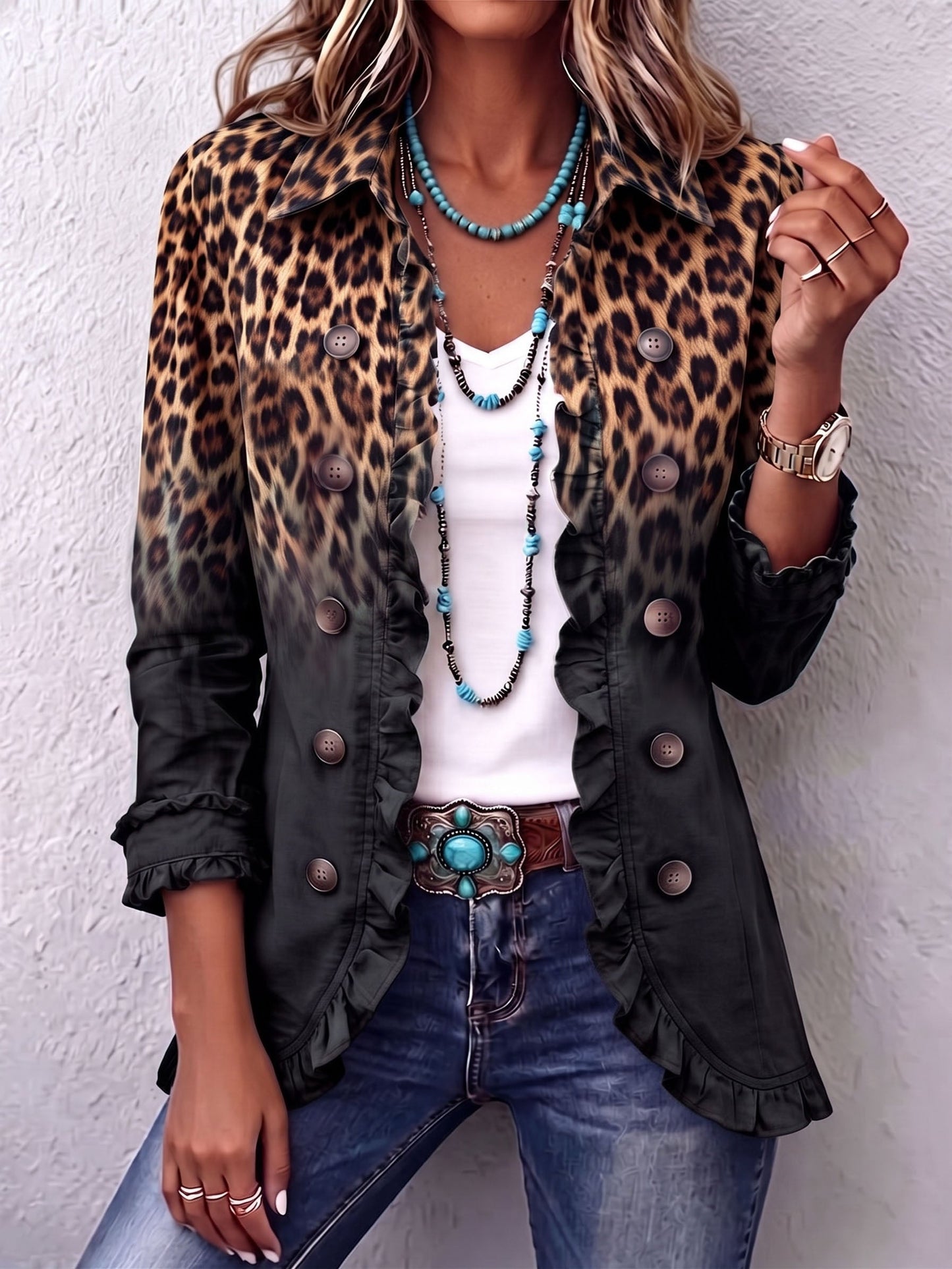 Sabina | Leopard Ombre Ruffle Blazer Jacket