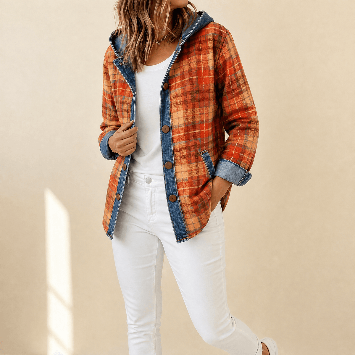Jessy – Women’s Contrast Denim Plaid Hooded Jacket