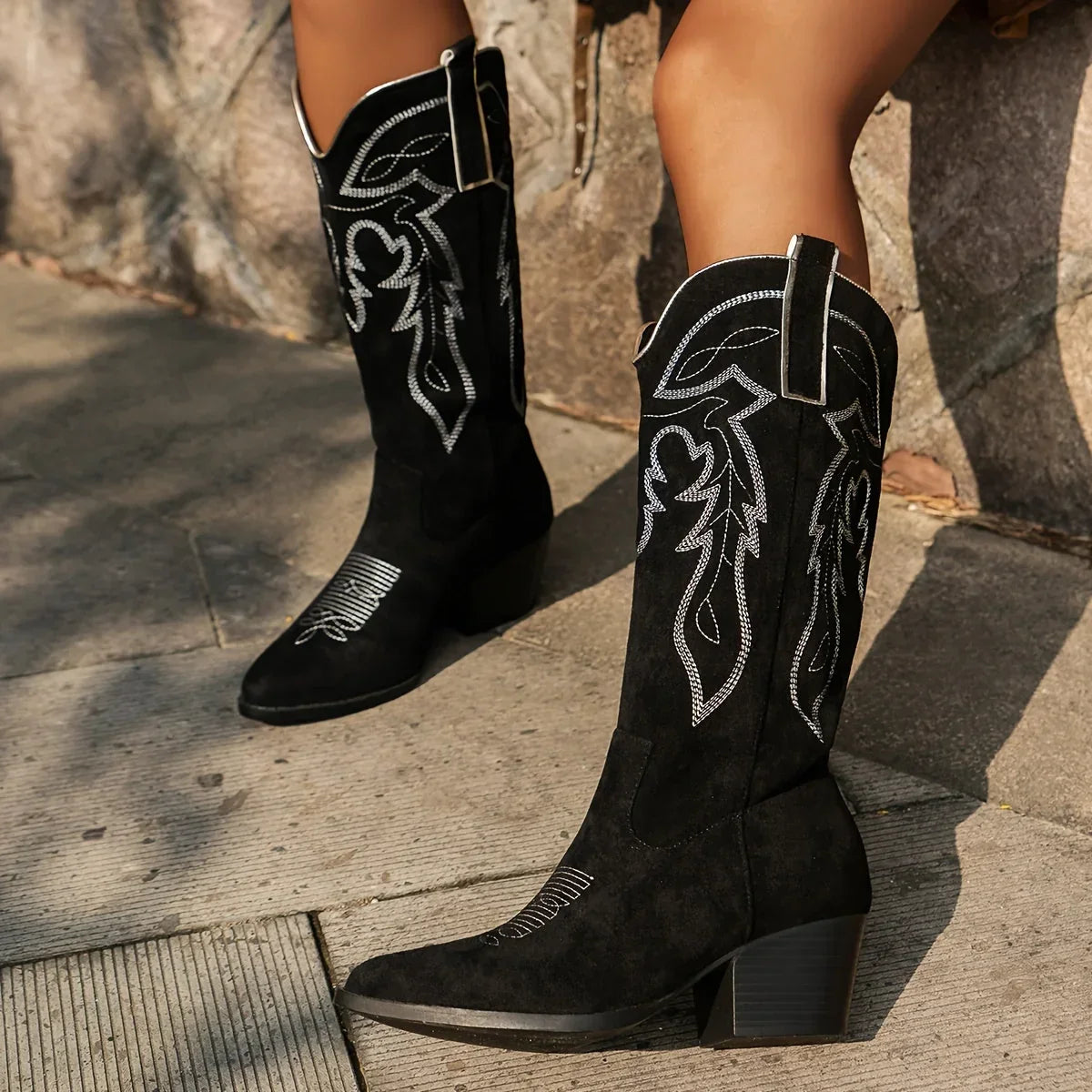 Western Cowboy Boots For Women | Embroidered Block Heel Knee High