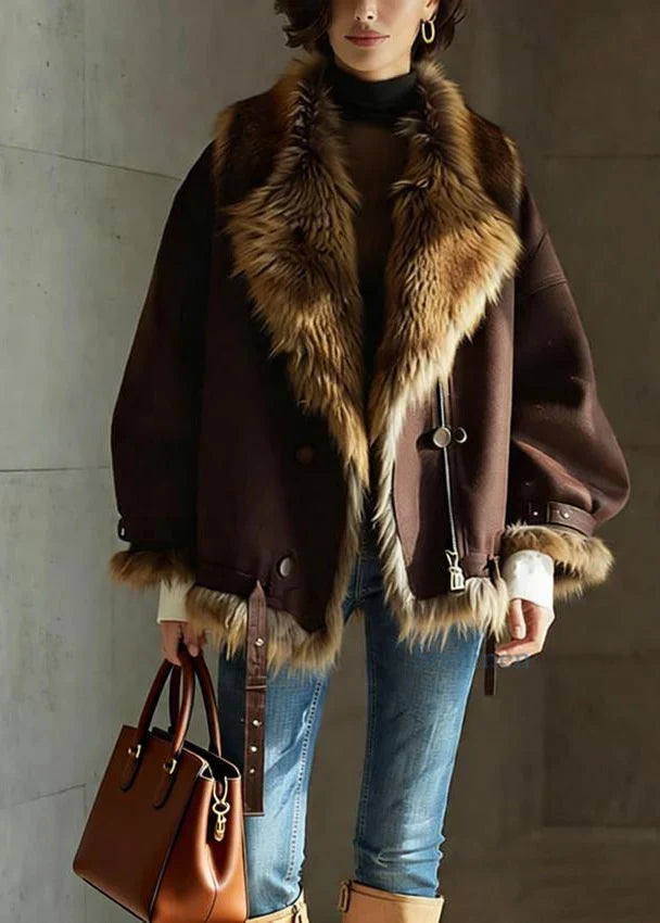 Women's Brown Leather Jacket | Faux Fur Collar Buckle Detail