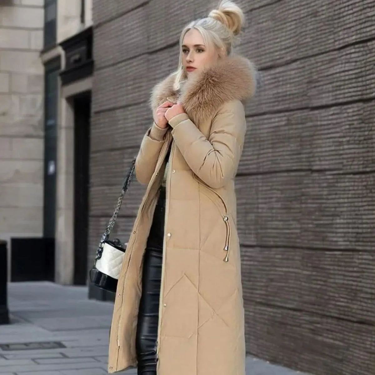 Lily | Women's Long Hooded Faux Fur Trim Quilted Coat
