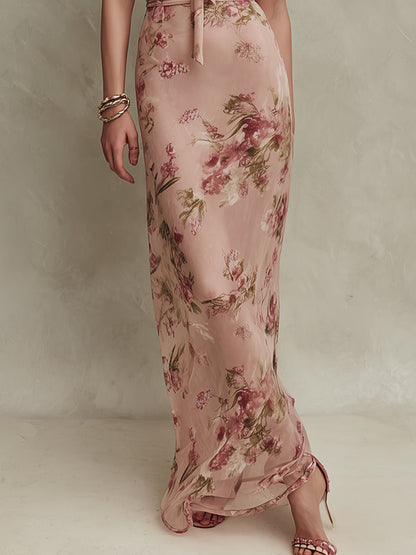 Lia - Elegant Floral Print Chiffon Maxi Dress with Keyhole Neckline