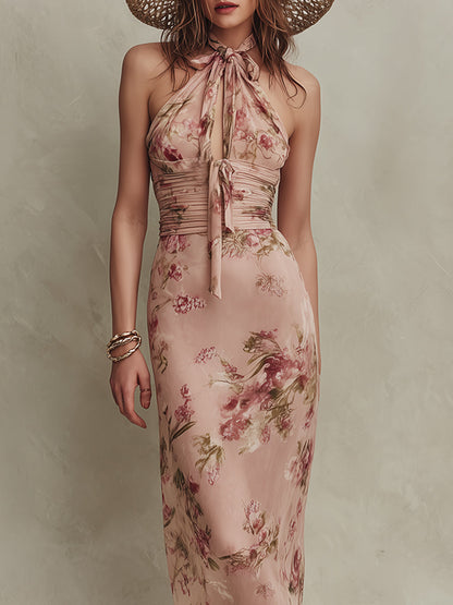 Lia - Elegant Floral Print Chiffon Maxi Dress with Keyhole Neckline