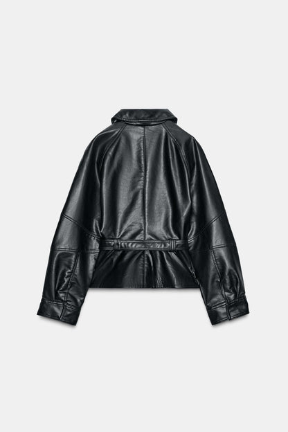 MARVENA Leather Look Peplum Jacket