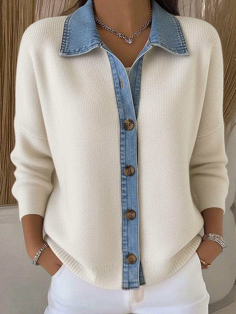 Emma | Knit Cardigan with Polo Collar and Denim Patches