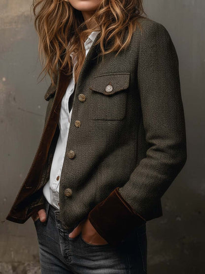 Women’s Vintage Herringbone Contrast Trim Blazer