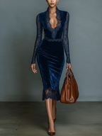 Elegant and Fashionable Dark Blue Velvet Slim-Fit Midi Dress for Women with V-Neck and Lace Sleeves
