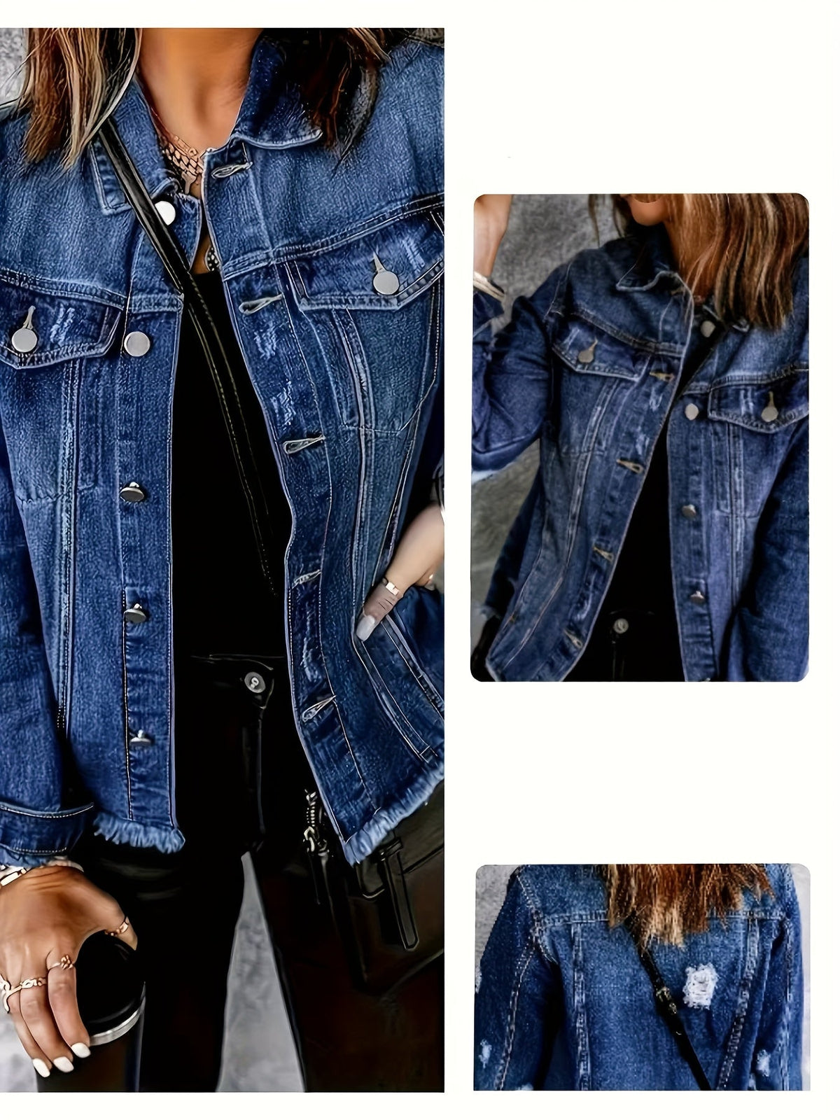 Distressed Denim Jacket for Women in Deep Blue Wash with Frayed Hem