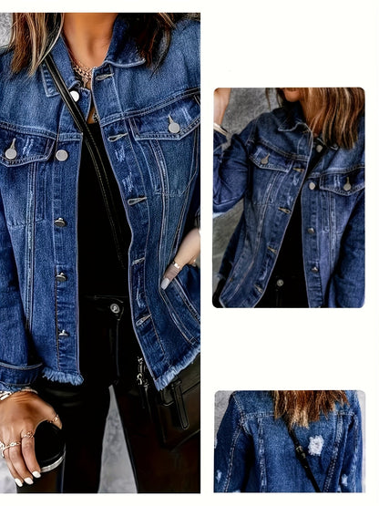 Distressed Denim Jacket for Women in Deep Blue Wash with Frayed Hem