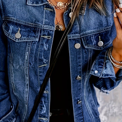 Distressed Denim Jacket for Women in Deep Blue Wash with Frayed Hem