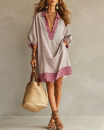 Carly | Leopard Print Panel Puff Sleeve Striped Shirt