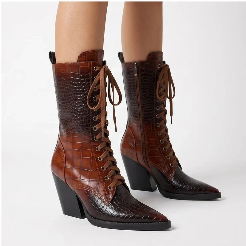 Briarwood Croc-Embossed Lace-Up Boots