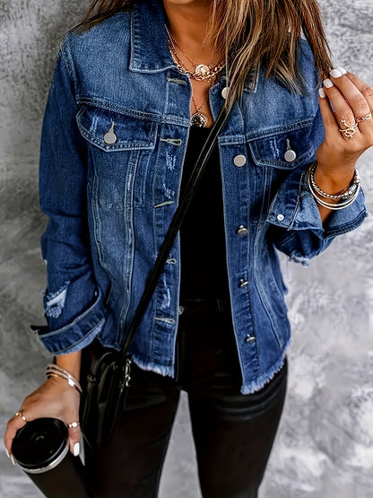 Distressed Denim Jacket for Women in Deep Blue Wash with Frayed Hem