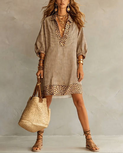 Carly | Leopard Print Panel Puff Sleeve Striped Shirt