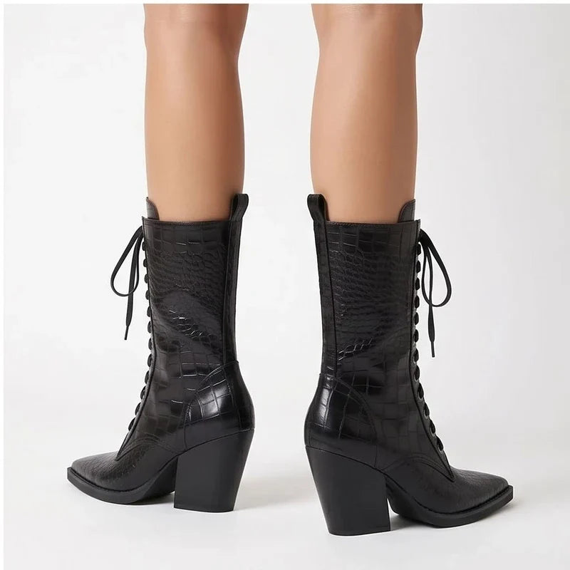 Briarwood Croc-Embossed Lace-Up Boots