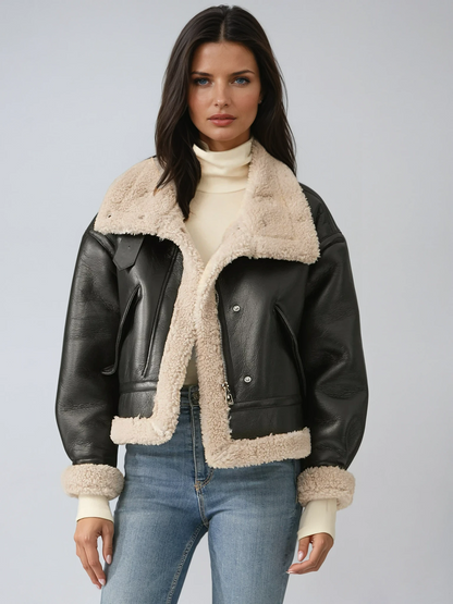 Women's Faux Leather Flight Jacket with Sherpa Lining