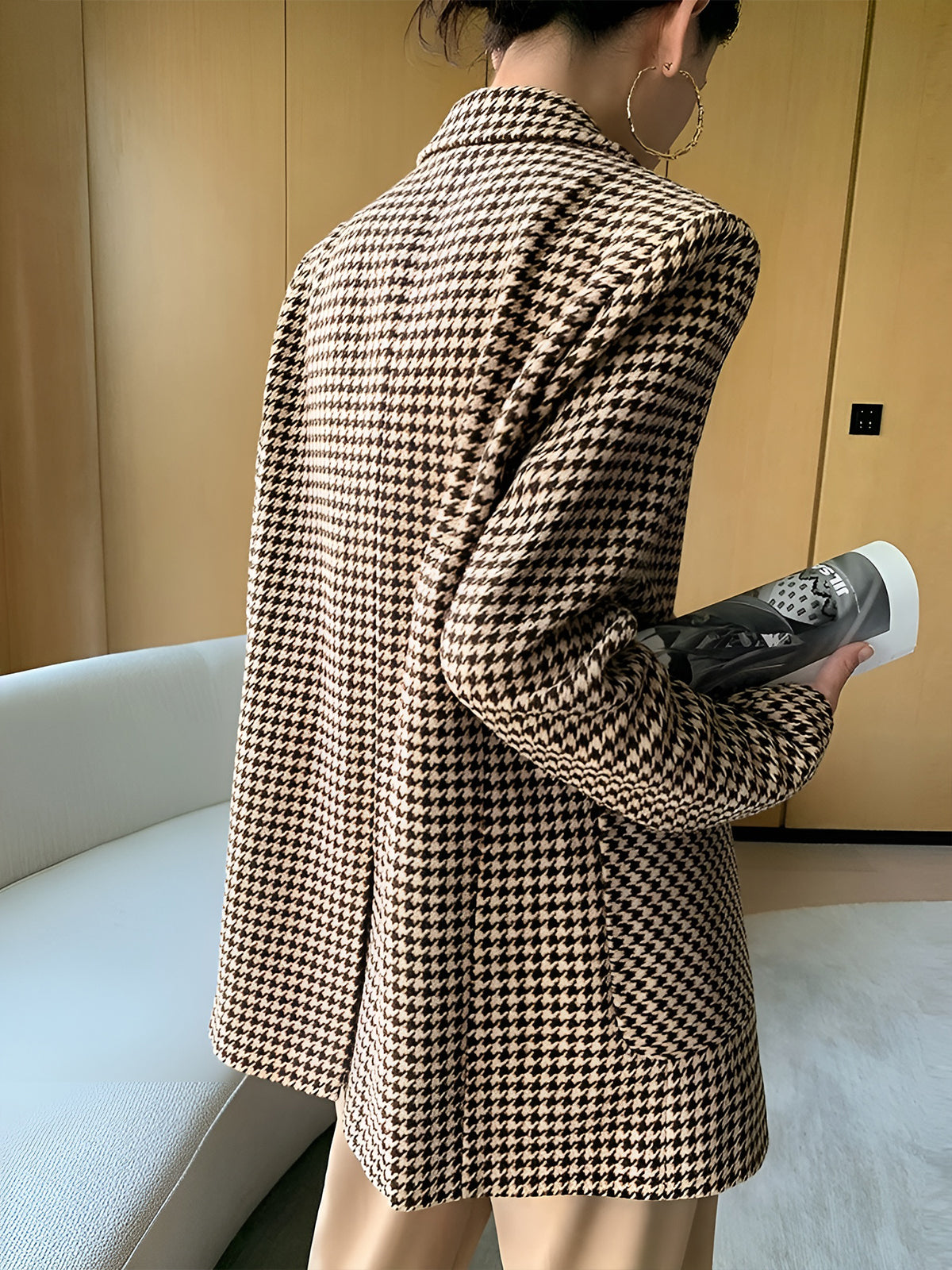 Women's Houndstooth Belted Split-Hem Blazer