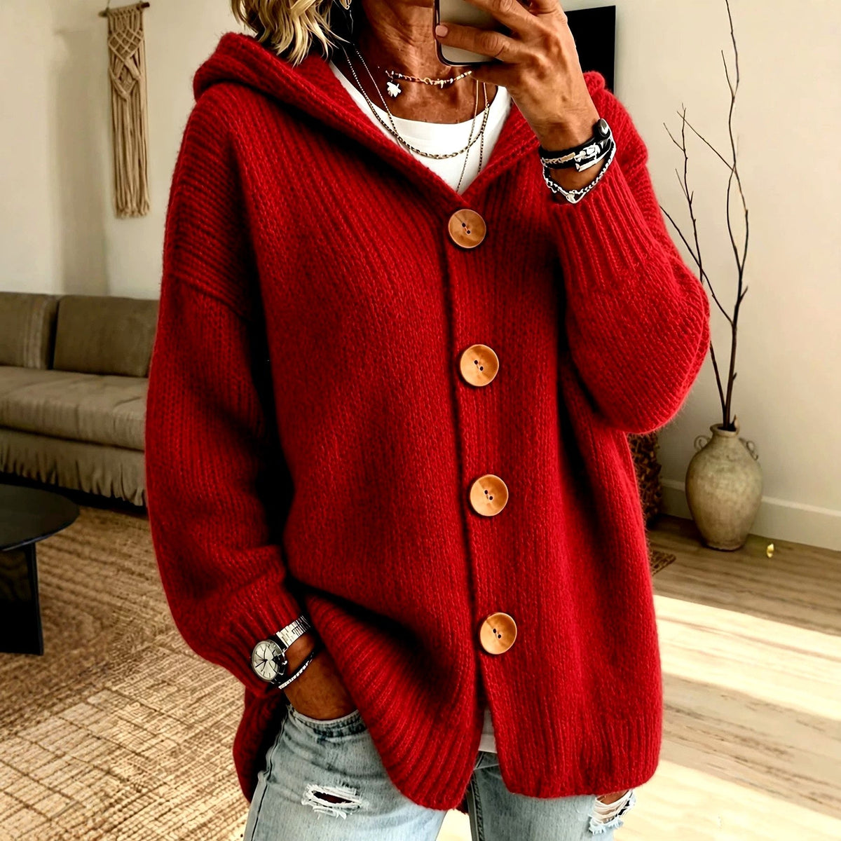 Bernadette - Women's Oversized Hooded Button-Front Knit Cardigan