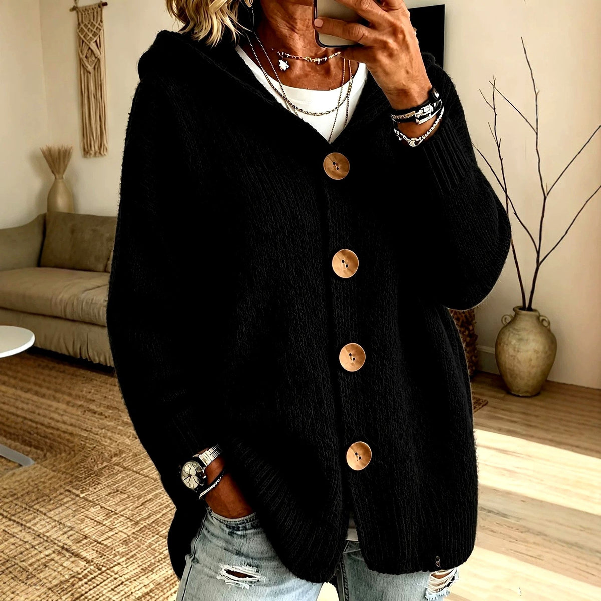 Bernadette - Women's Oversized Hooded Button-Front Knit Cardigan