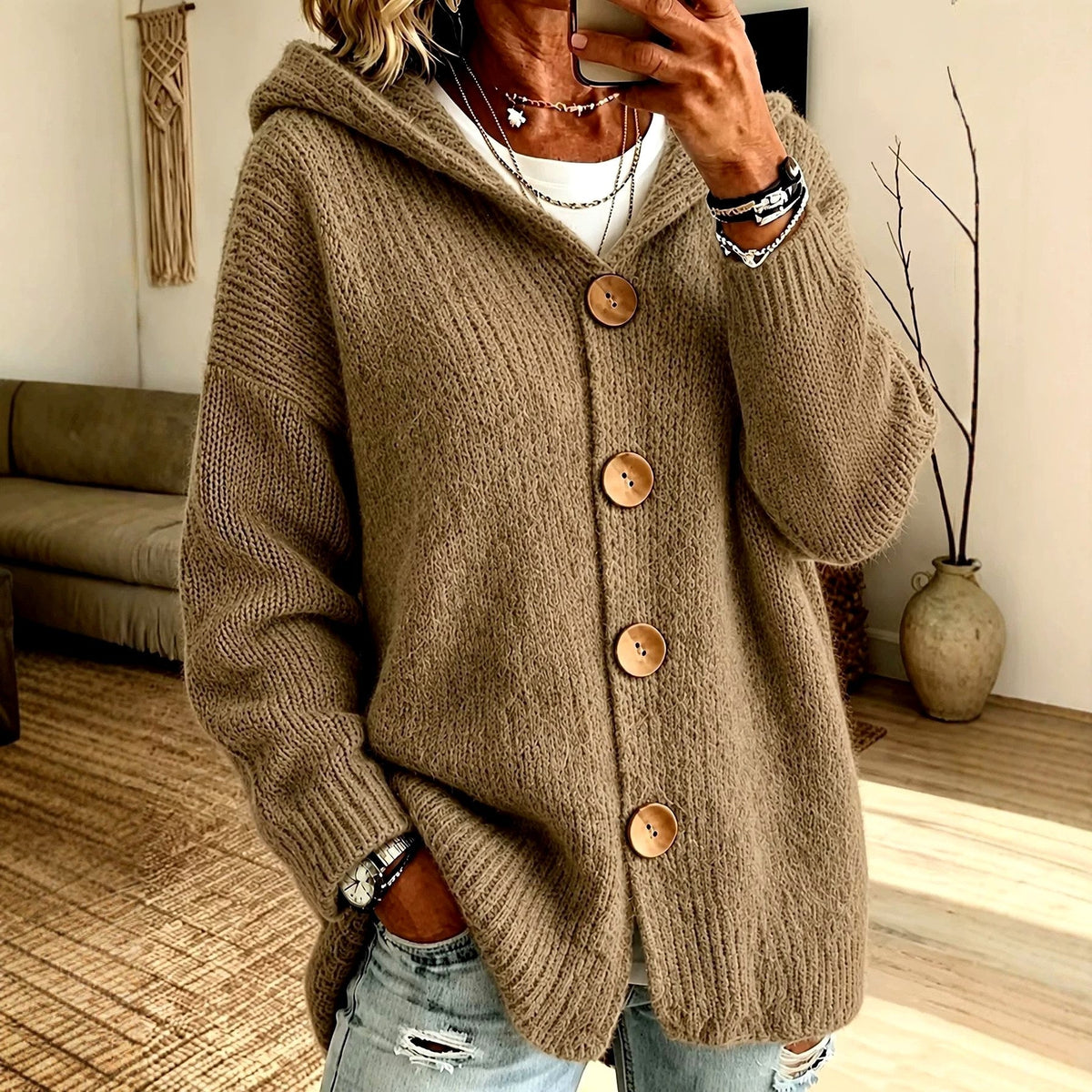 Bernadette - Women's Oversized Hooded Button-Front Knit Cardigan