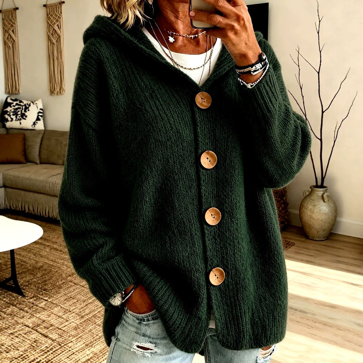 Bernadette - Women's Oversized Hooded Button-Front Knit Cardigan