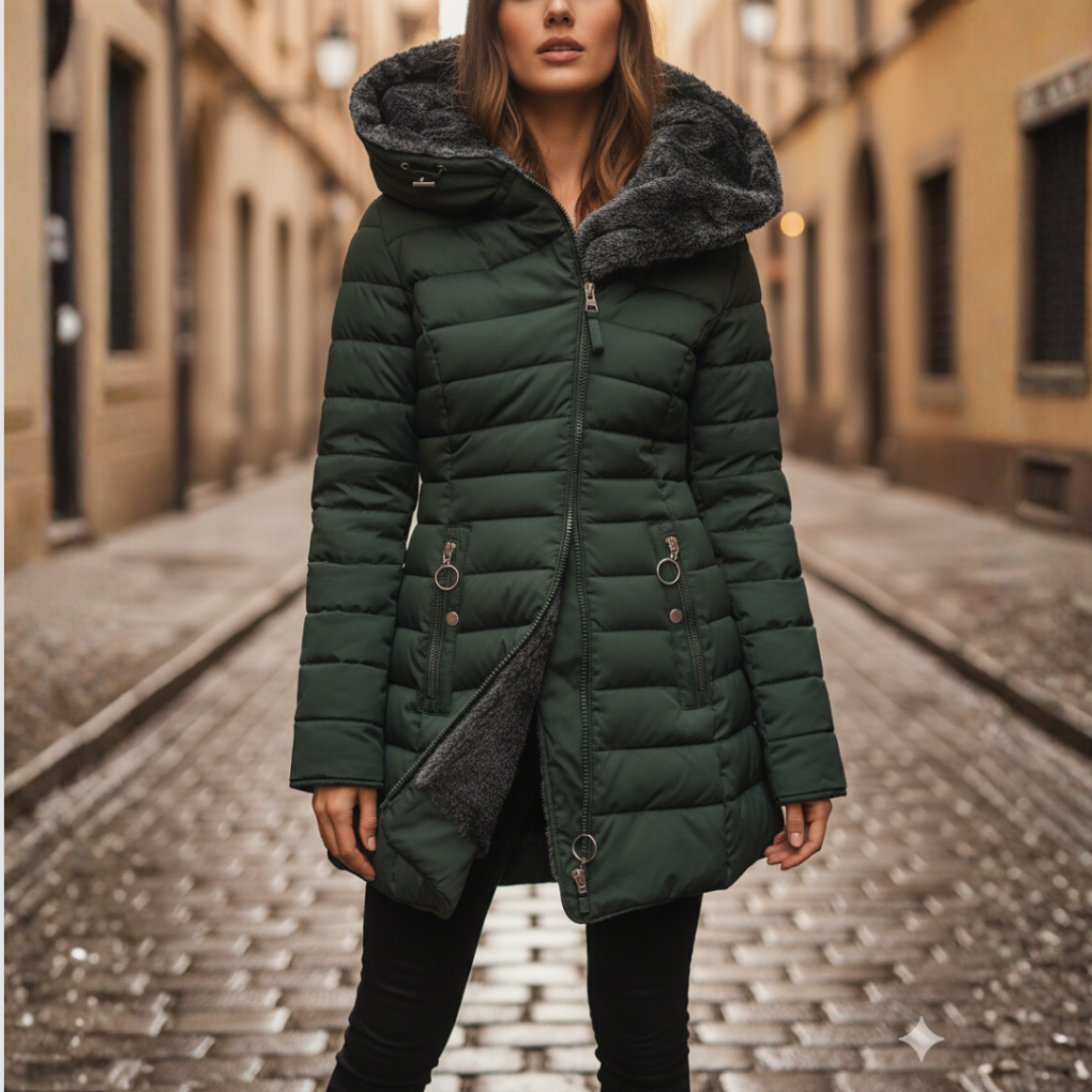 Women's Quilted Hooded Puffer Coat with Side Pockets