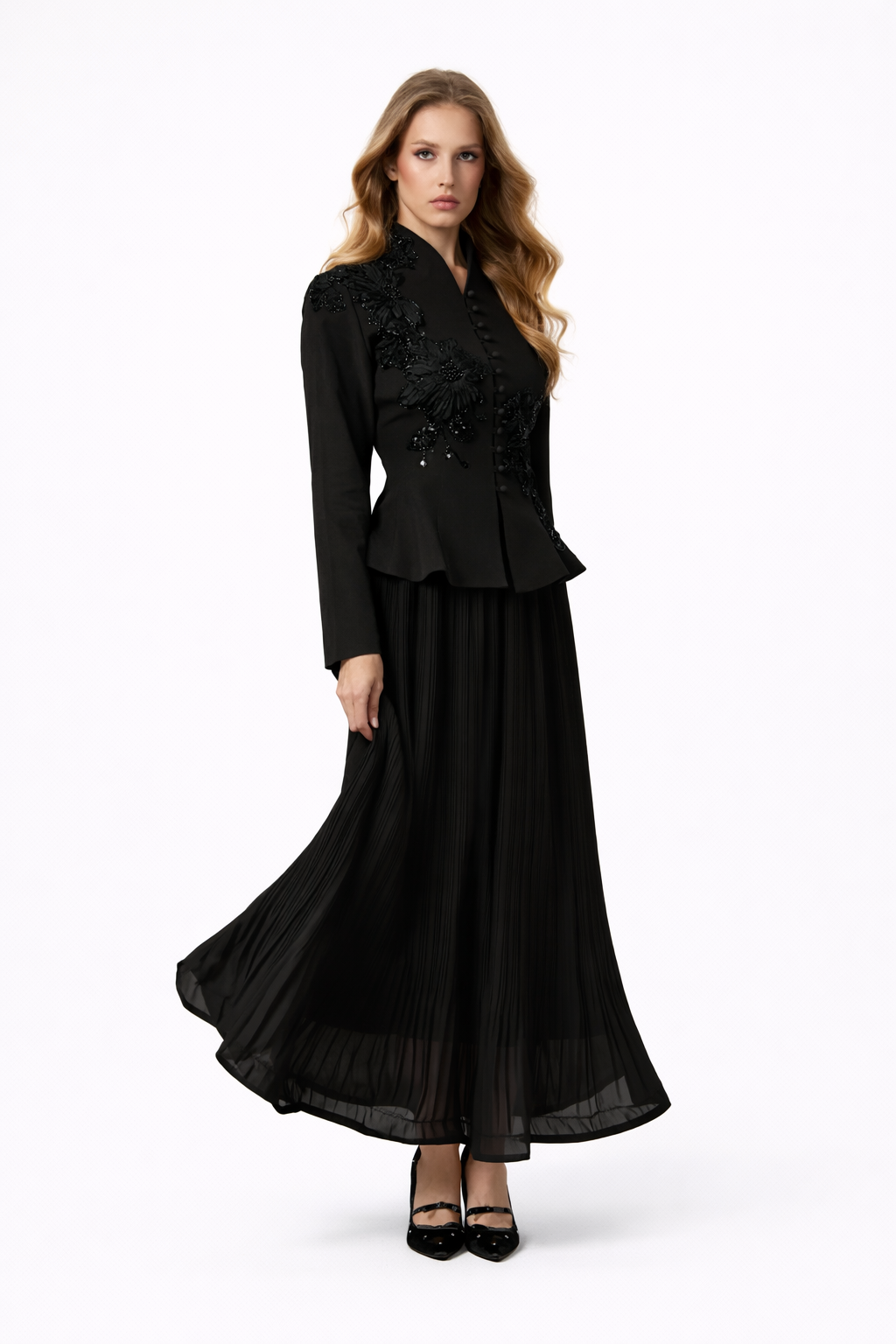 GRACEFUL ARRIVAL Lace Jacket & Pleated Skirt Set