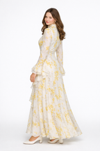 Beige Turtleneck Oil Painting Floral Print Irregular Chiffon Maxi Dress