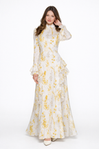 Beige Turtleneck Oil Painting Floral Print Irregular Chiffon Maxi Dress