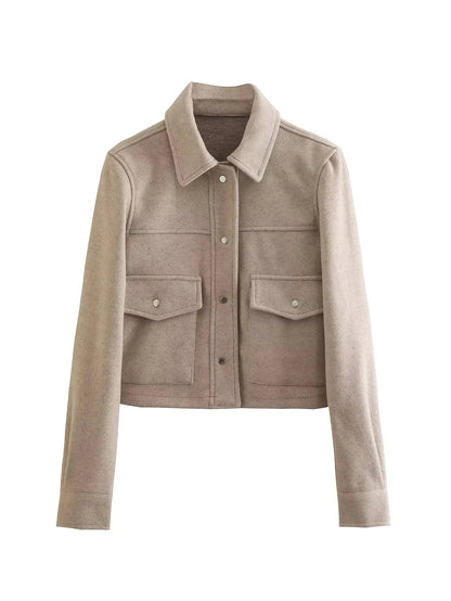 Women’s Cropped Wool-Blend Jacket with Button Front and Structured Utility Design