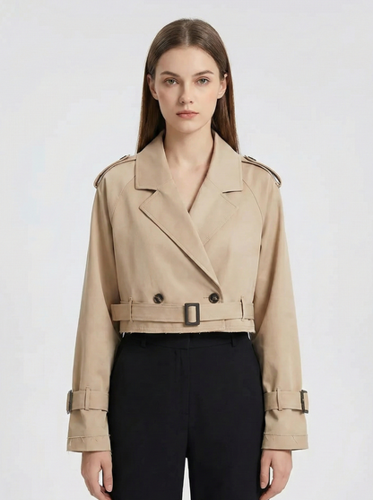 Women’s Cropped Trench Jacket with Belted Waist and Structured Lapel Collar