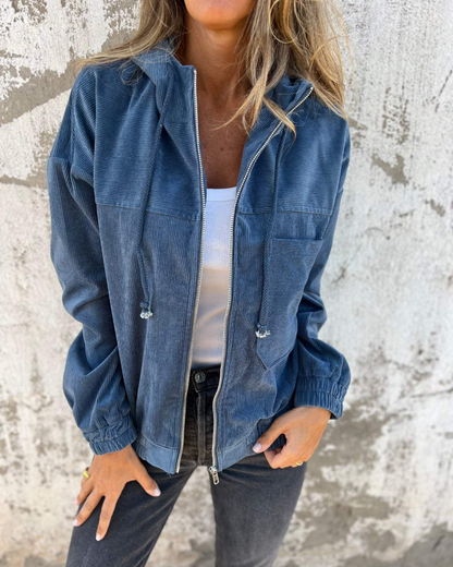 Women's Hooded Zip-Up Jacket — Retro Cosy Long-Sleeve Cotton Fleece Sweatshirt Jacket