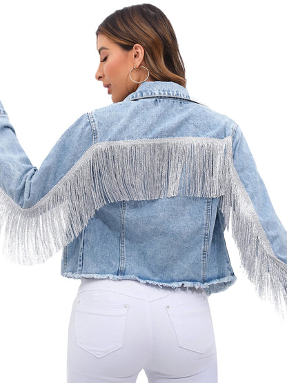 Women’s Cropped Denim Jacket with Fringe Detailing and Structured Fit