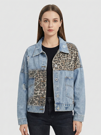 Women’s Leopard Panel Denim Jacket with Distressed Details and Modern Fit