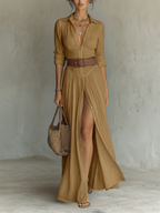 Long Maxi Dress with Notched Collar and Long Sleeves for Women • S1