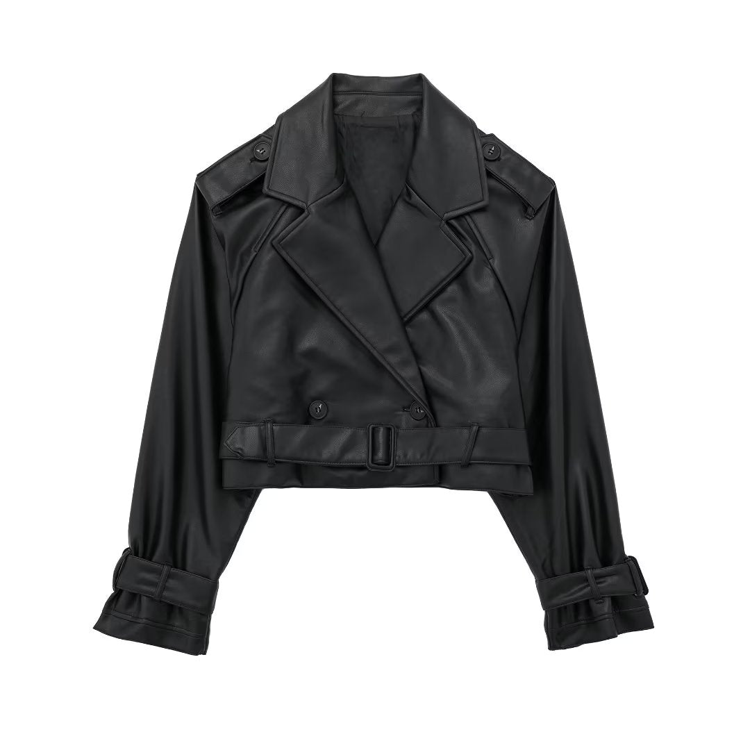 Women's Cropped Faux Leather Trench Jacket