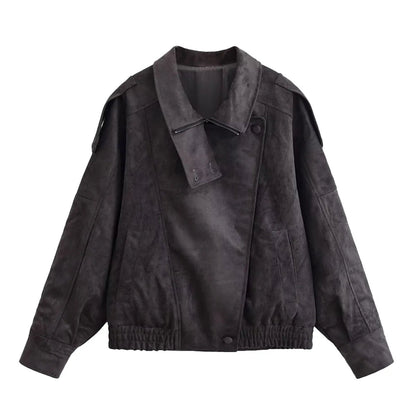 Women’s Oversized Faux Suede Jacket with Asymmetrical Collar and Modern Utility Silhouette