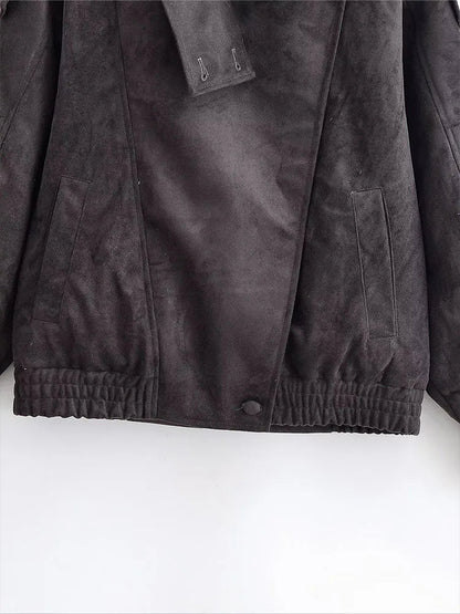Women’s Oversized Faux Suede Jacket with Asymmetrical Collar and Modern Utility Silhouette