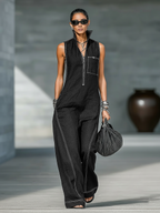 Sleeveless Minimalist Jumpsuit for Women with White Details