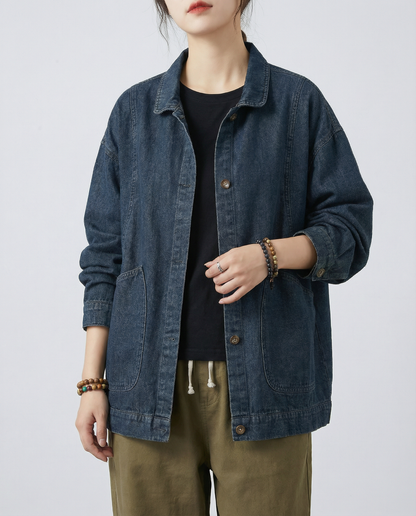 Women’s Oversized Longline Denim Jacket with Utility Pockets and Relaxed Street Style Fit