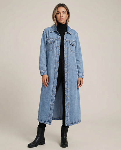 Women’s Oversized Long Denim Coat with Button-Down Front and Classic Collar