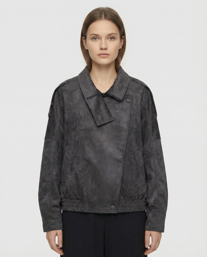 Women’s Oversized Faux Suede Jacket with Asymmetrical Collar and Modern Utility Silhouette