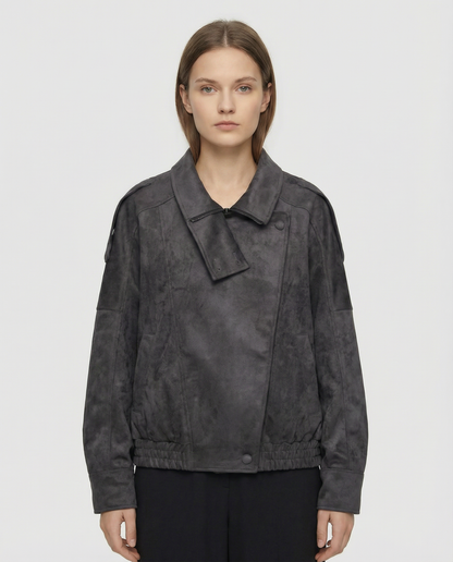 Women’s Oversized Faux Suede Jacket with Asymmetrical Collar and Modern Utility Silhouette